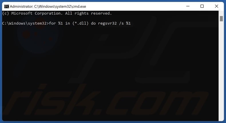 Type in for %1 in (*.dll) do regsvr32 /s %1 in Command Prompt and press Enter