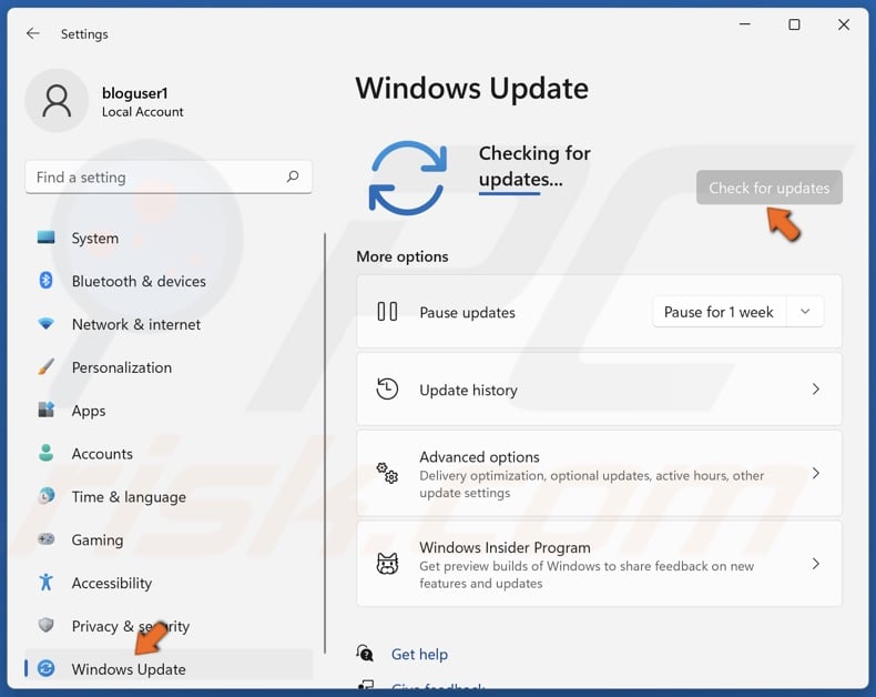 Select Windows Update in the left pane and click Check for updates