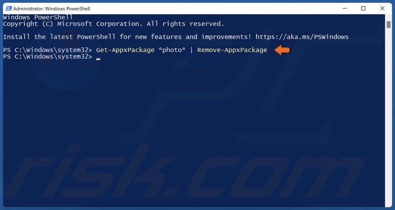 Run a command in PowerShell to uninstall Microsoft Photos