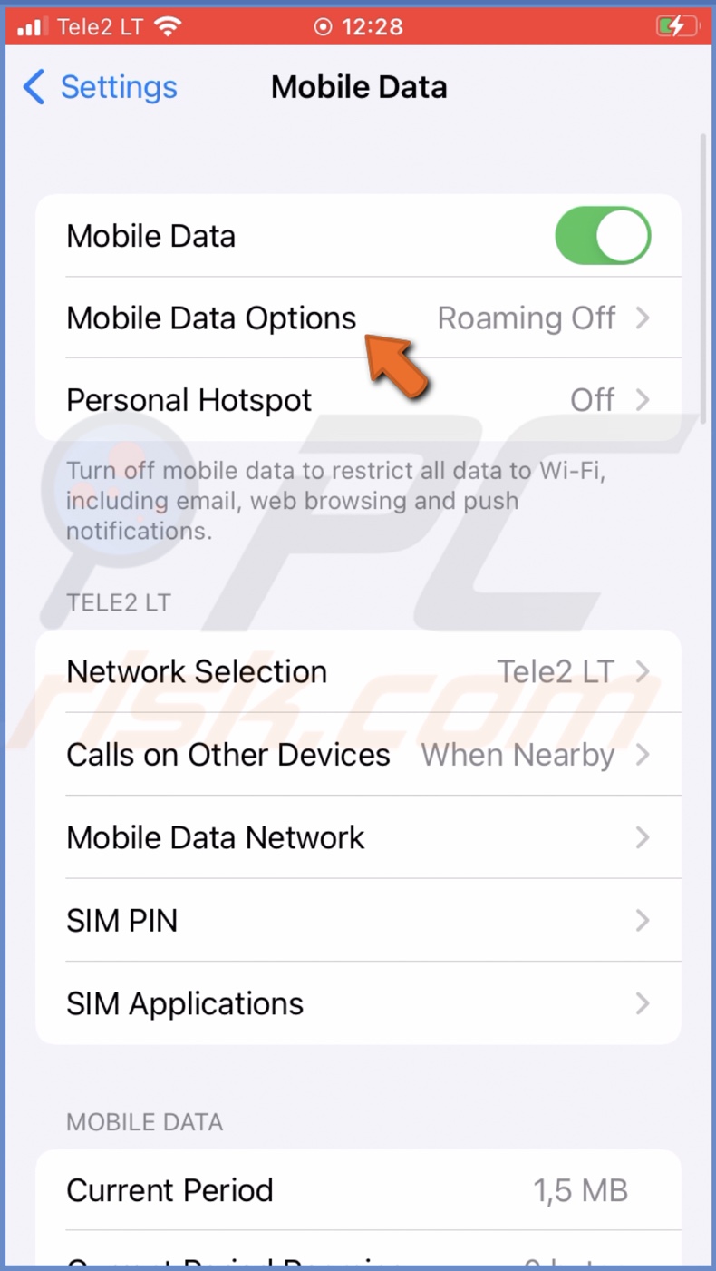 Go to Mobile Data Options