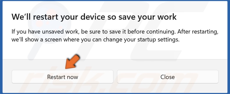 Click Restart now to confirm