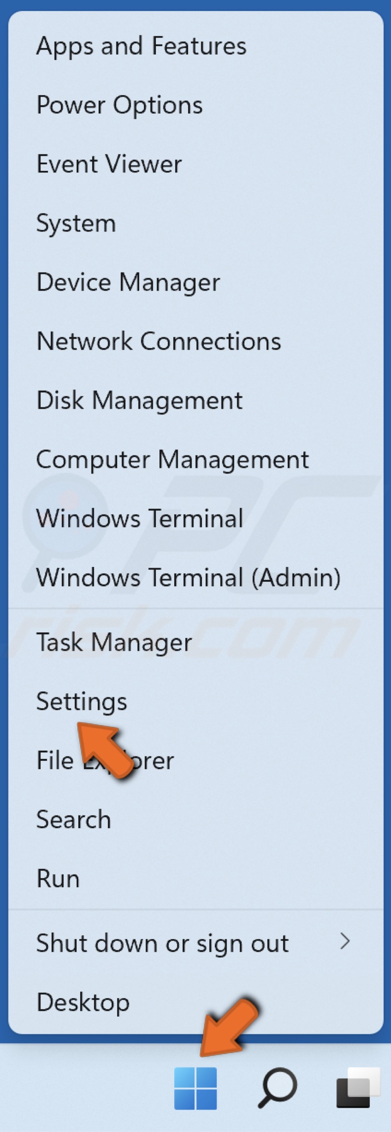 Right-click Start and select Settings