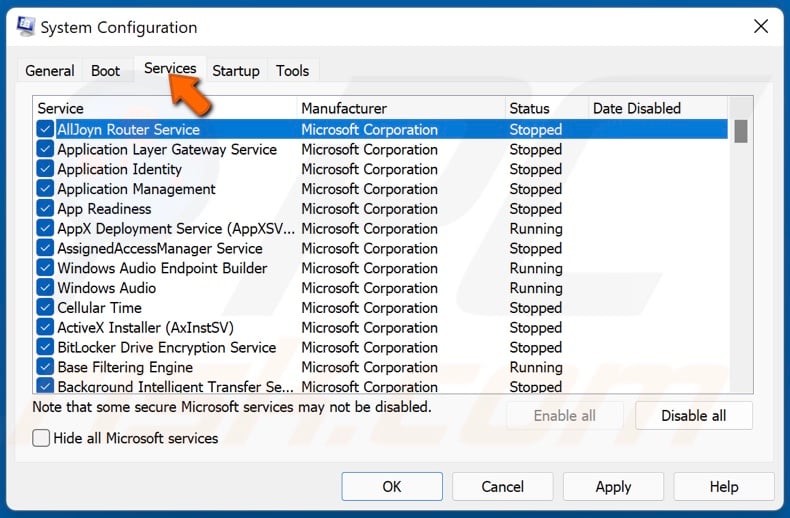 Ensure that the Hide all Microsoft services option in unchecked