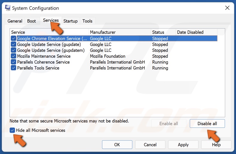 Select Hide all Microsoft services option