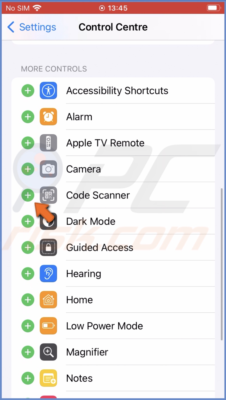 Add Code Scanner to Control Center