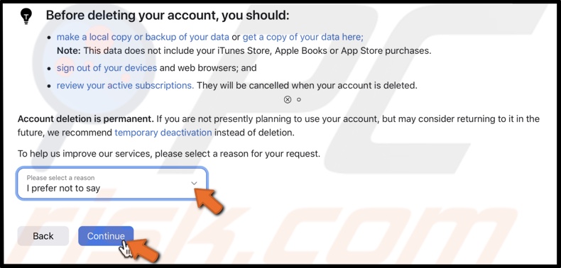 Select a reason to delete account