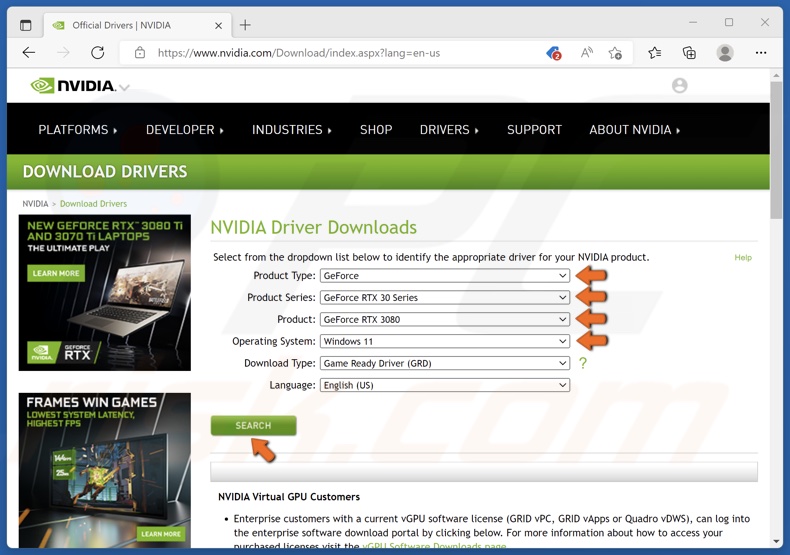 Select your Nvidia graphics card model and click Search