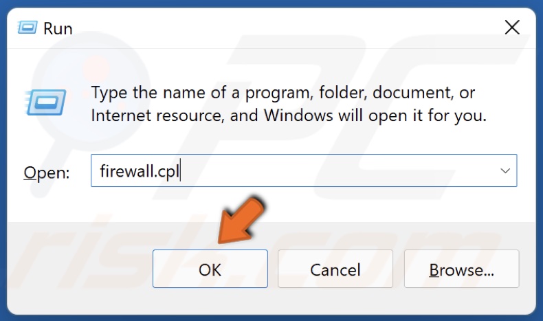 Type in firewall.cpl in Run and click OK