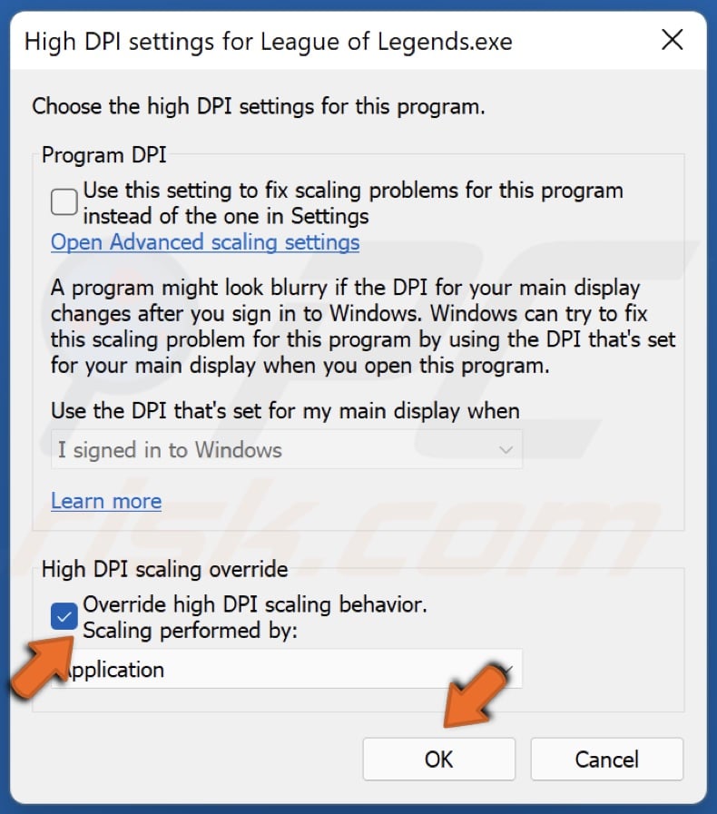 Tick Override high DPI scaling behavior and click OK