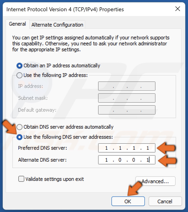 Tick the Use the following DNS server addresses option