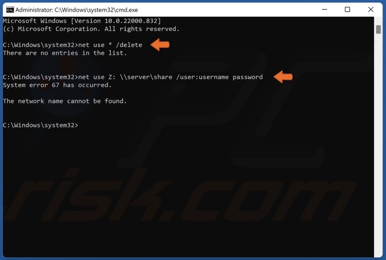 Run net use * /delete and net use Z: servershare /user: command