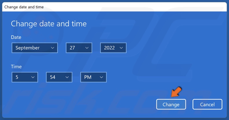 Set the correct time and date and click Change