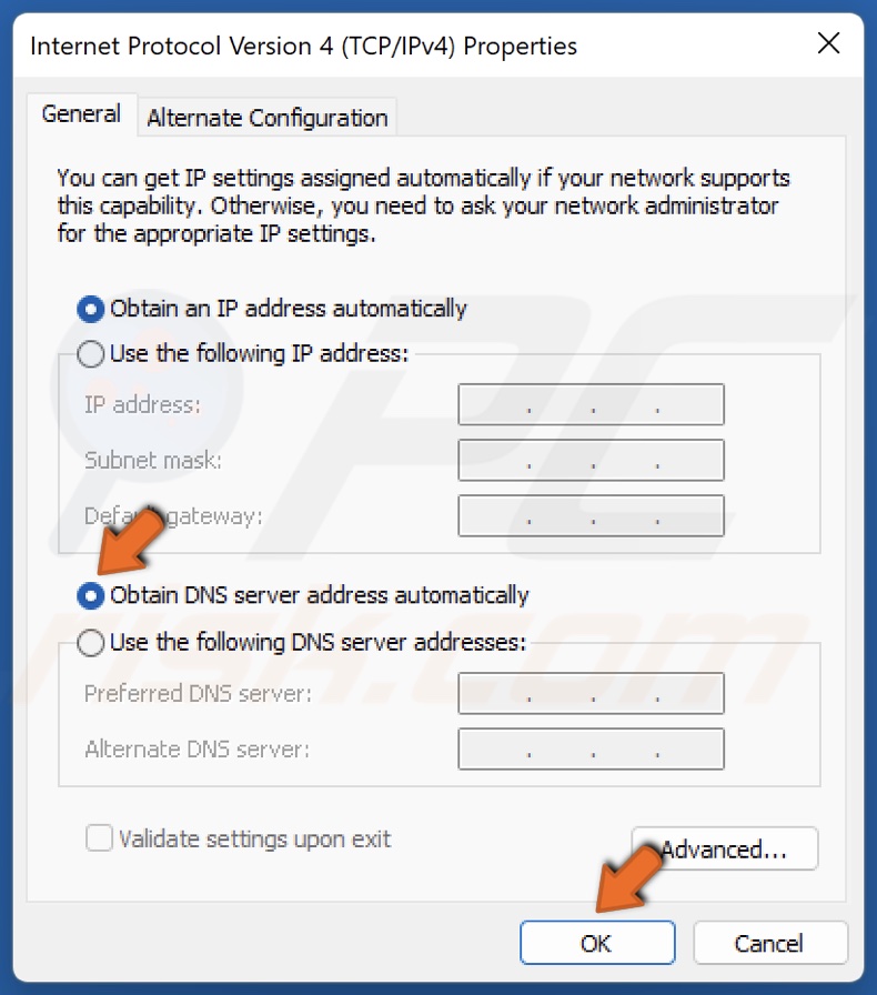 Tick Obtain DNS server address automatically and click OK