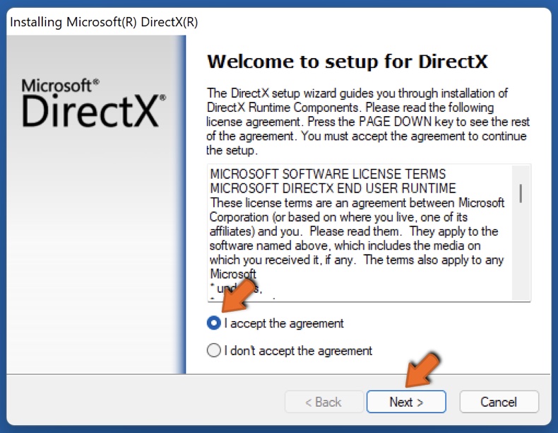 Acept the DirectX license agreement and click Next