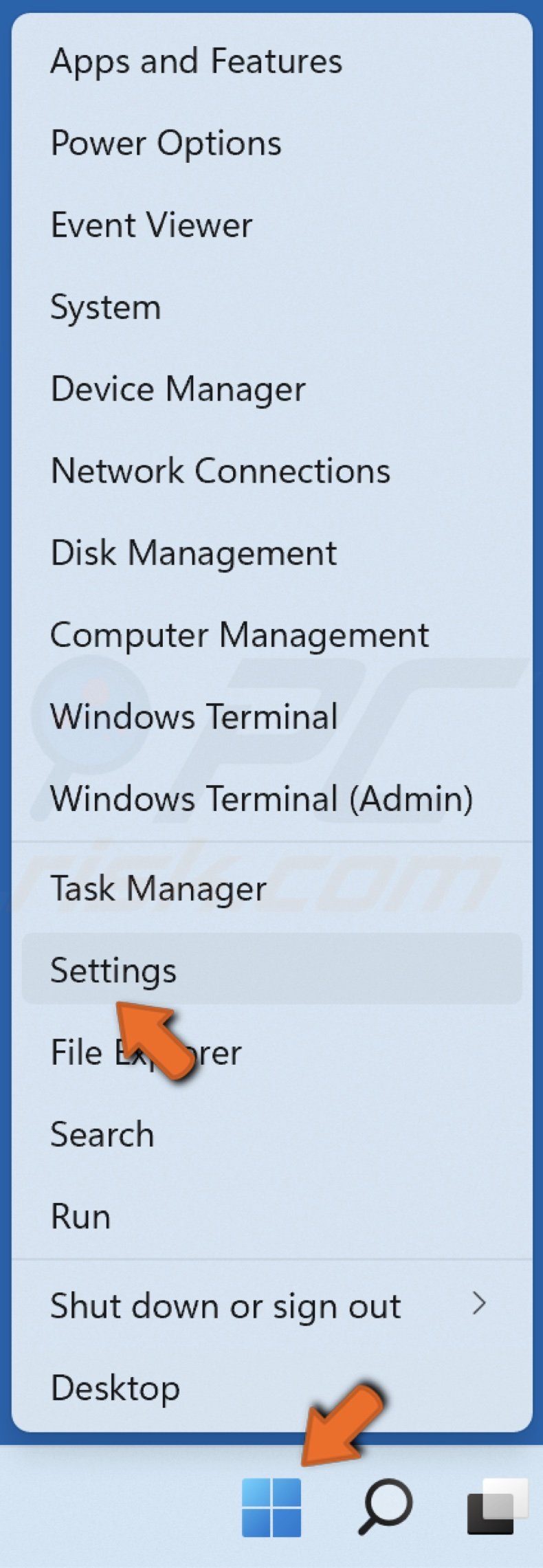 Right-click the Windows Start button and click Settings
