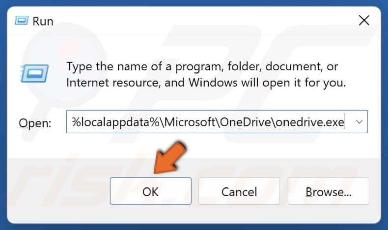 Type in %localappdata%MicrosoftOneDriveonedrive.exe in Run and click OK