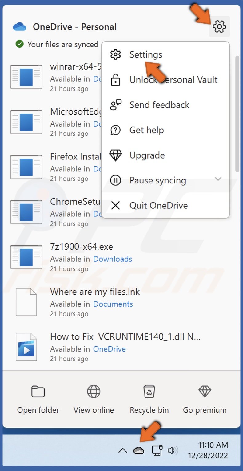 Click the OneDrive icon, click Help & settings icon and select Settings
