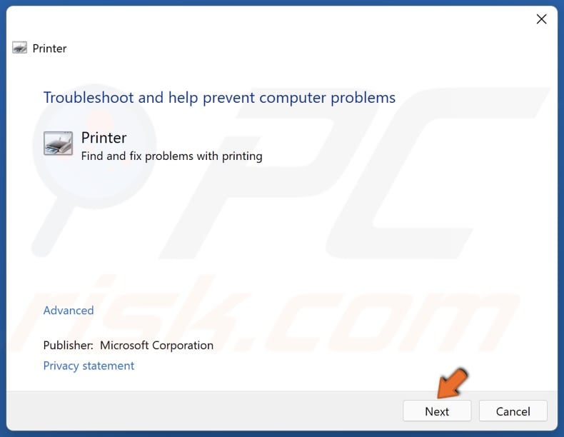 In the Printer Troubleshooter, click Next