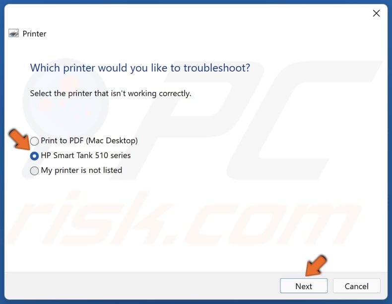 Select the printer and click Next