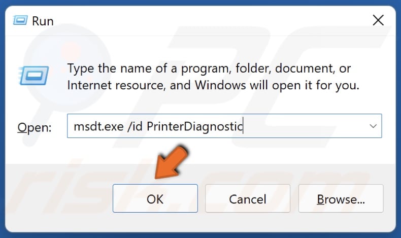 Type in msdt.exe /id PrinterDiagnostic in Run and click OK