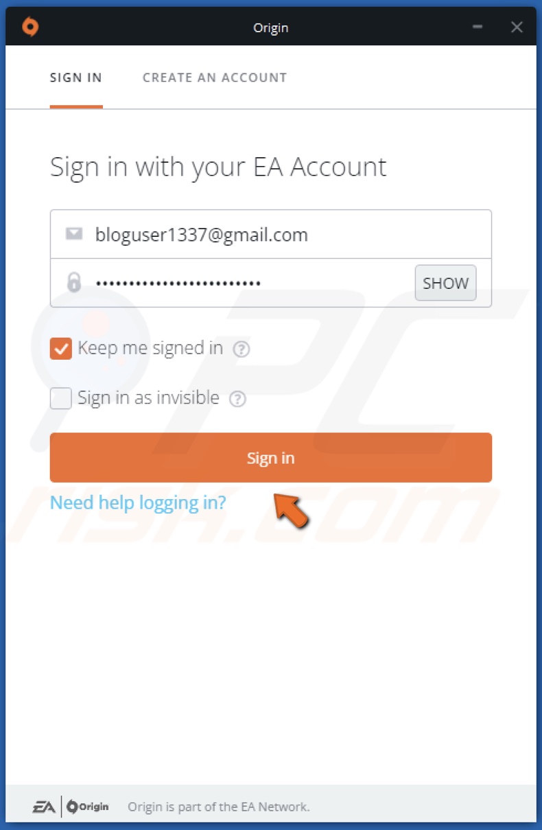 Enter Origin log in credentials and click Sign in