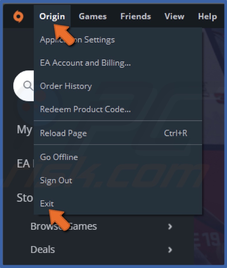 Open the Origin menu and click Exit