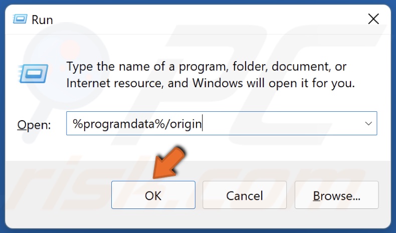 Type in %programdata%/origin in Run and click OK
