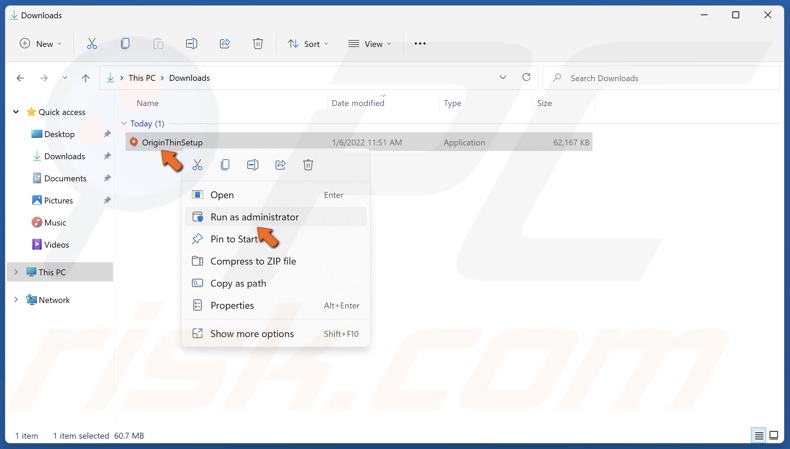 Right-click Originthinsetup.exe and click Run as administrator