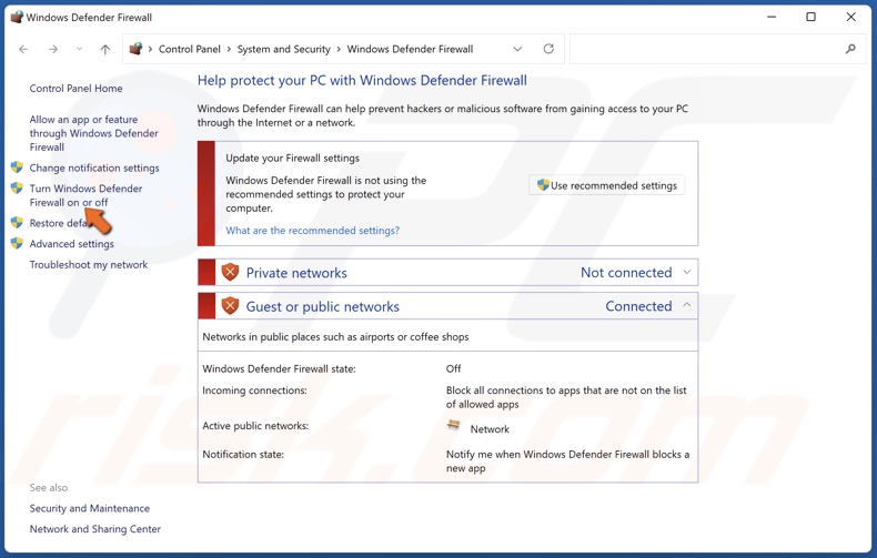 Select Turn Windows Defender Firewall on or off