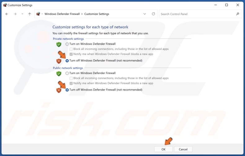 Turn of the Windows Defender Firewall for private and public networks