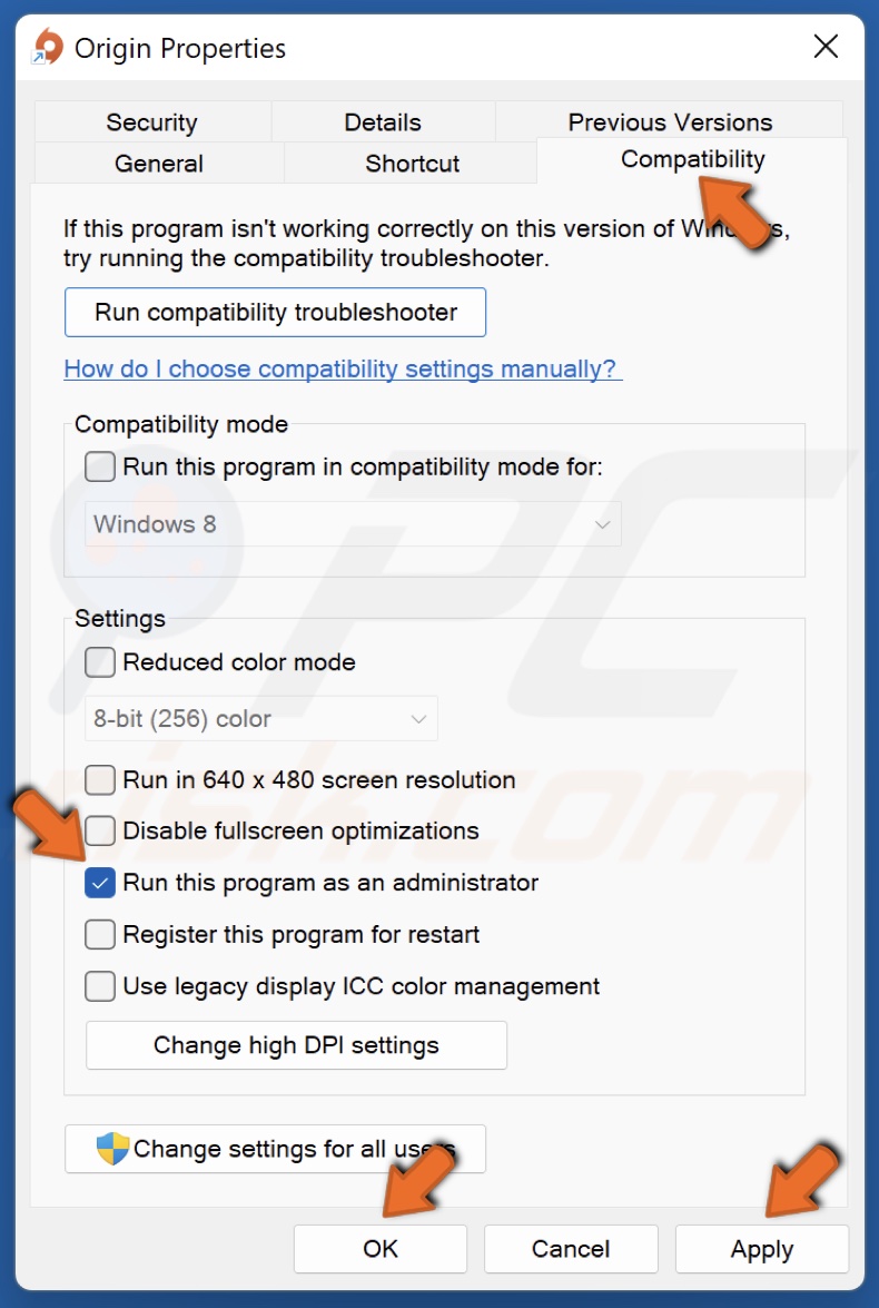 Select the Compatibility tab mark Run this program as an administrator and click Apply