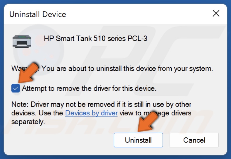 Check the Attempt to remove the driver from this device checkbox and click Uninstall