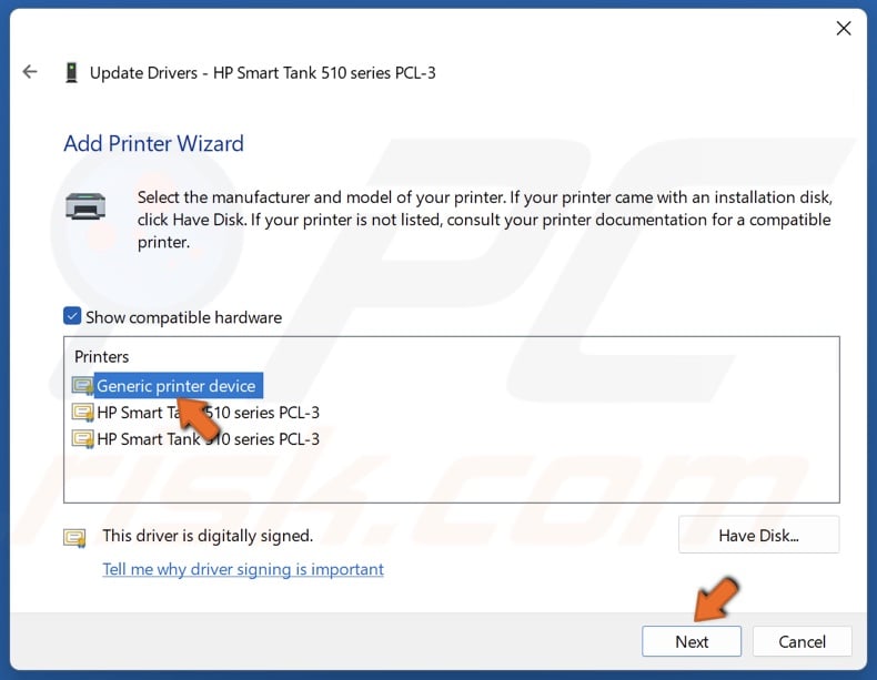 Select Generic printer device and click Next