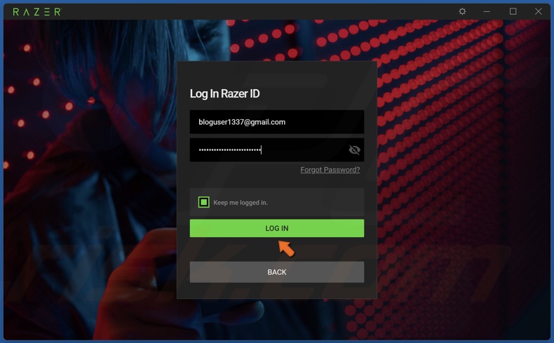 Enter your razer login credentials and click Log In