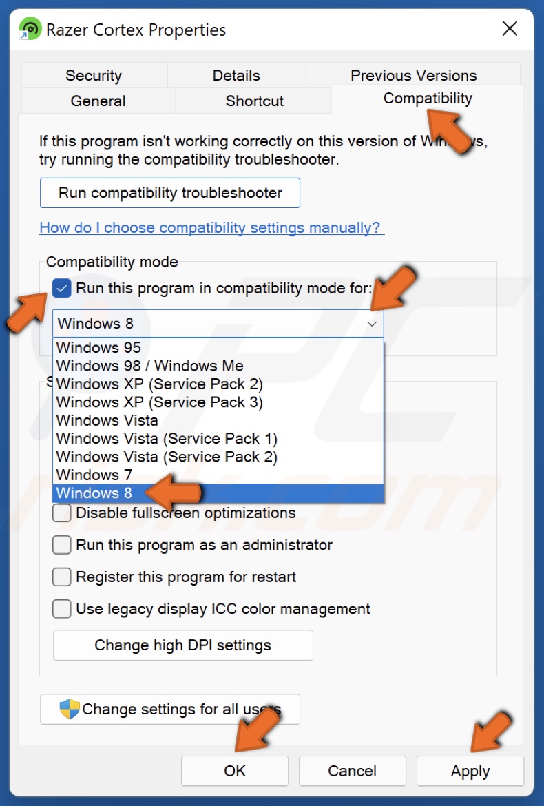 Mark the Run this program in compatibility mode for checkbox
