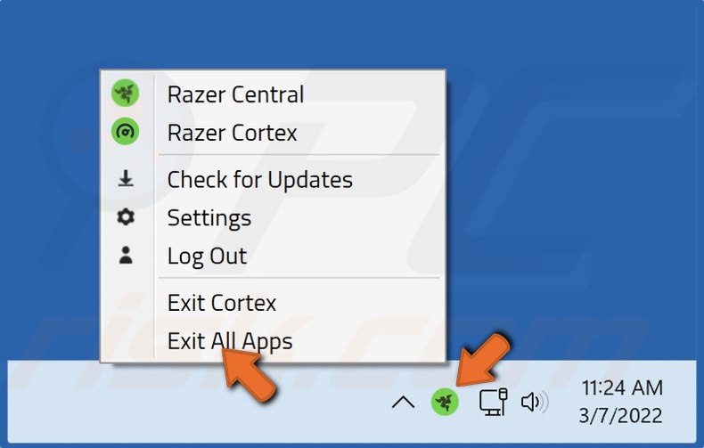 Right-lcick Razer Cortex icon and click Exit All Apps