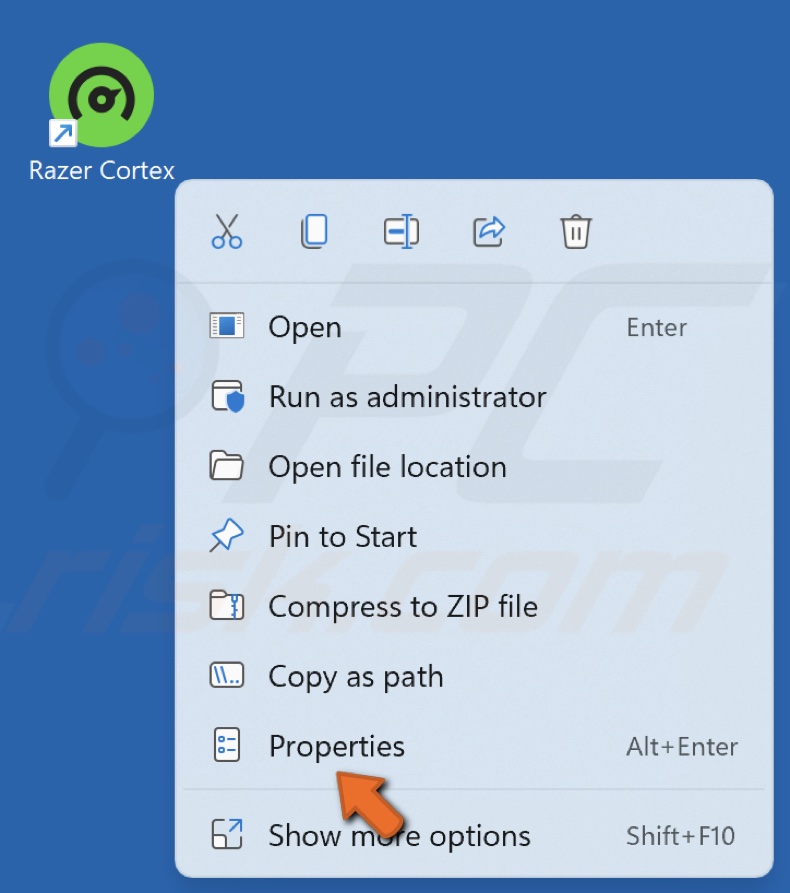 Right-click Razer Cortex shortcut and click Properties