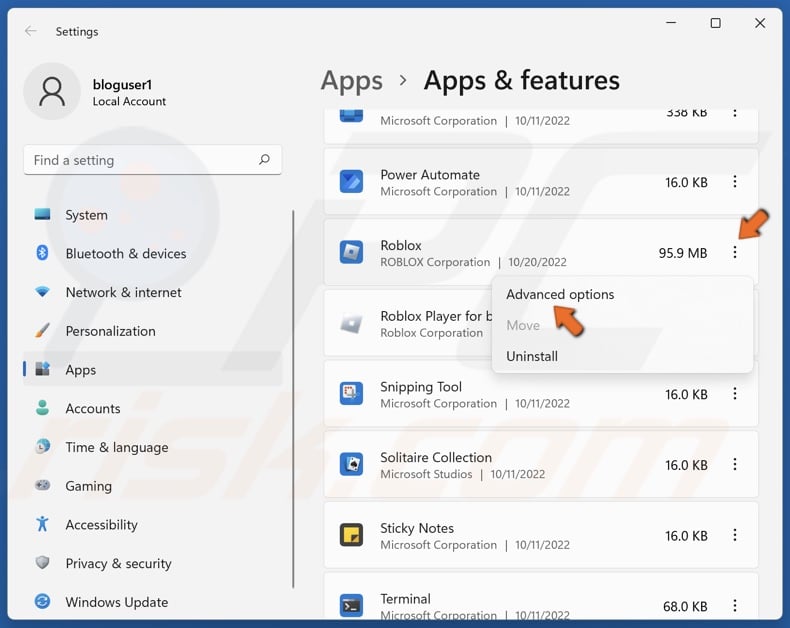 Click the three dots next to Roblox and click Advanced options