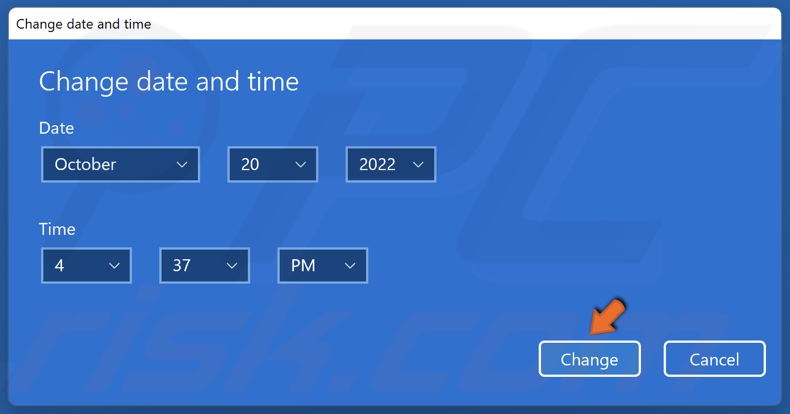 Set the correct date and time and click Change