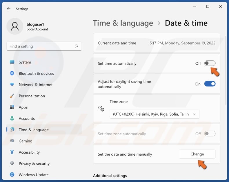 Toggle off Set time automatically and click Change