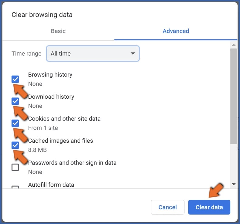 Mark browsing data-related checkboxes and click Clear data