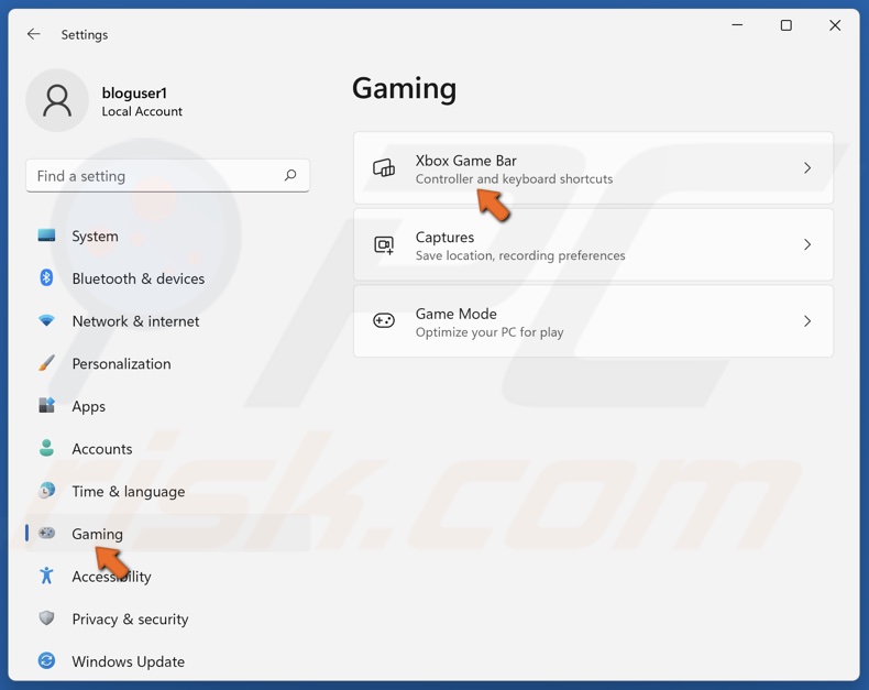 Select the Gaming tab and select Xbox Game Bar