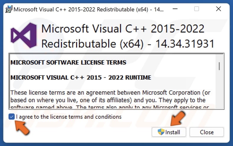 Run vc_redist.x64 and agree to the license terms and conditions, and click Install