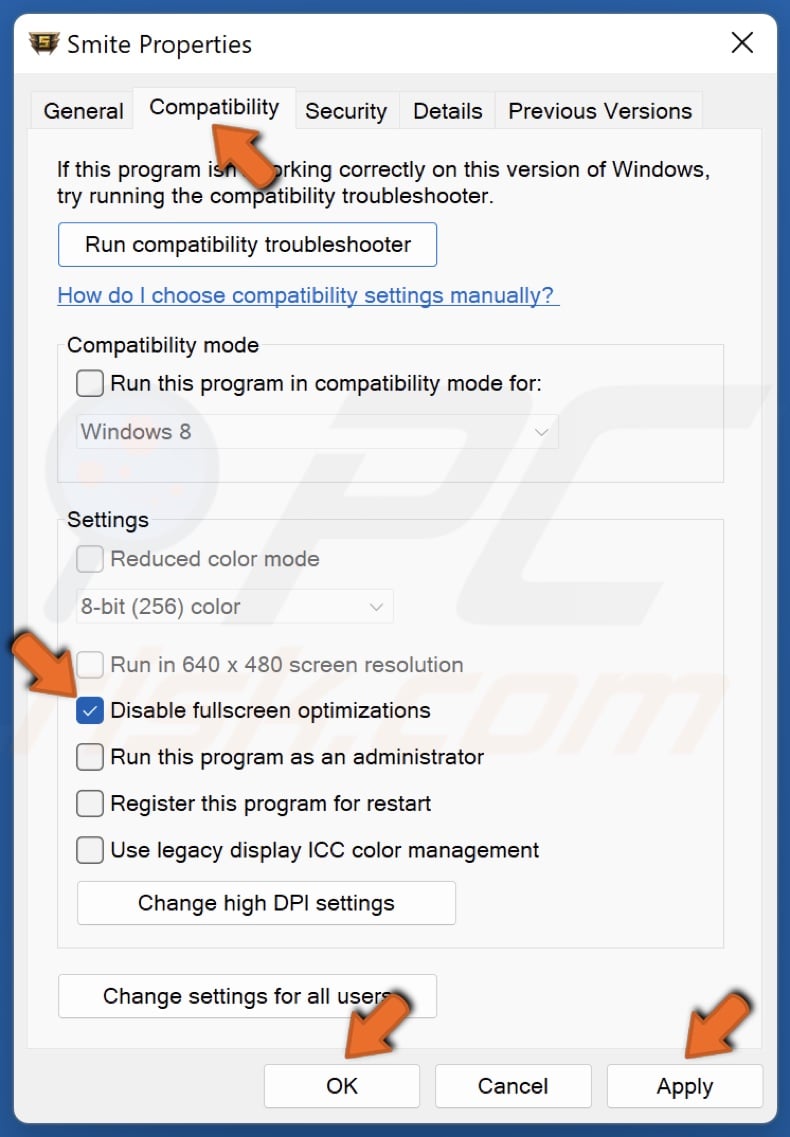 Select the Compatibility tab and mark Disable fullscreen optimizations
