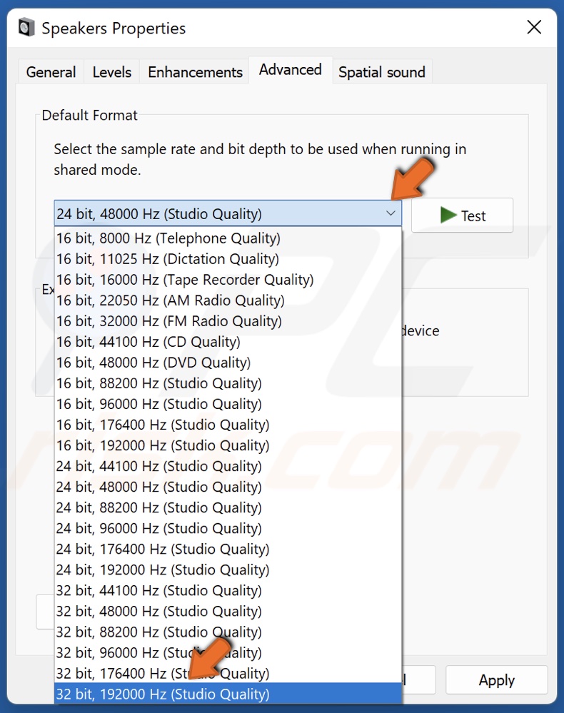 Open the Default Format drop-down menu and select 32bit, 192000 hz (Studio Quality) option