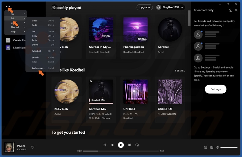 Open the Spotify menu, select Edit and click Preferences