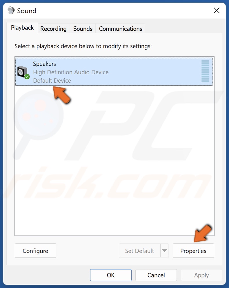 Select default playback device and click Properties