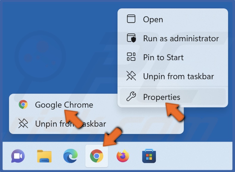 Right-click the Chrome shortcut and click Properties