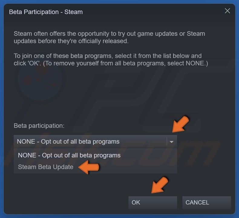 Select Steam Beta Update and clck OK