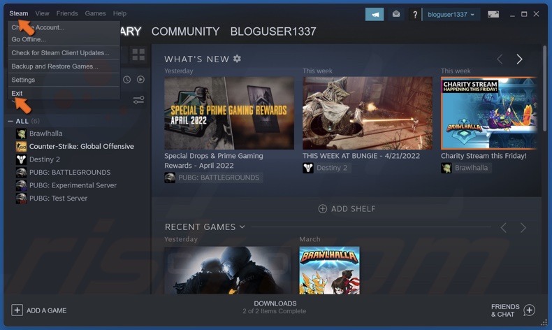Click Steam in the menu bar and click Exit